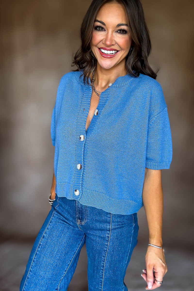 Short Sleeve Dusty Blue Sweater Cardigan