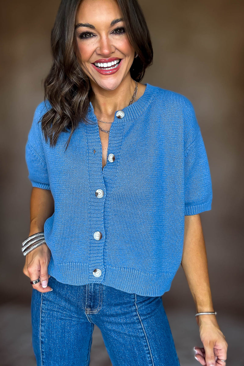 Short Sleeve Dusty Blue Sweater Cardigan