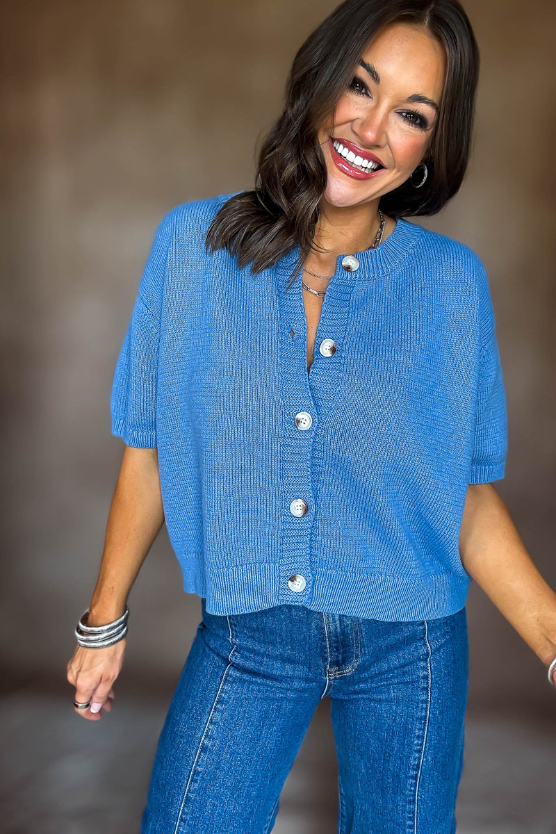 Short Sleeve Dusty Blue Sweater Cardigan