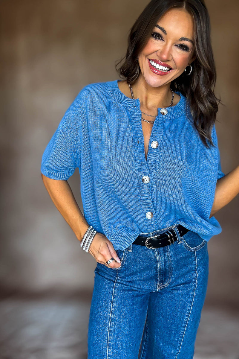 Short Sleeve Dusty Blue Sweater Cardigan