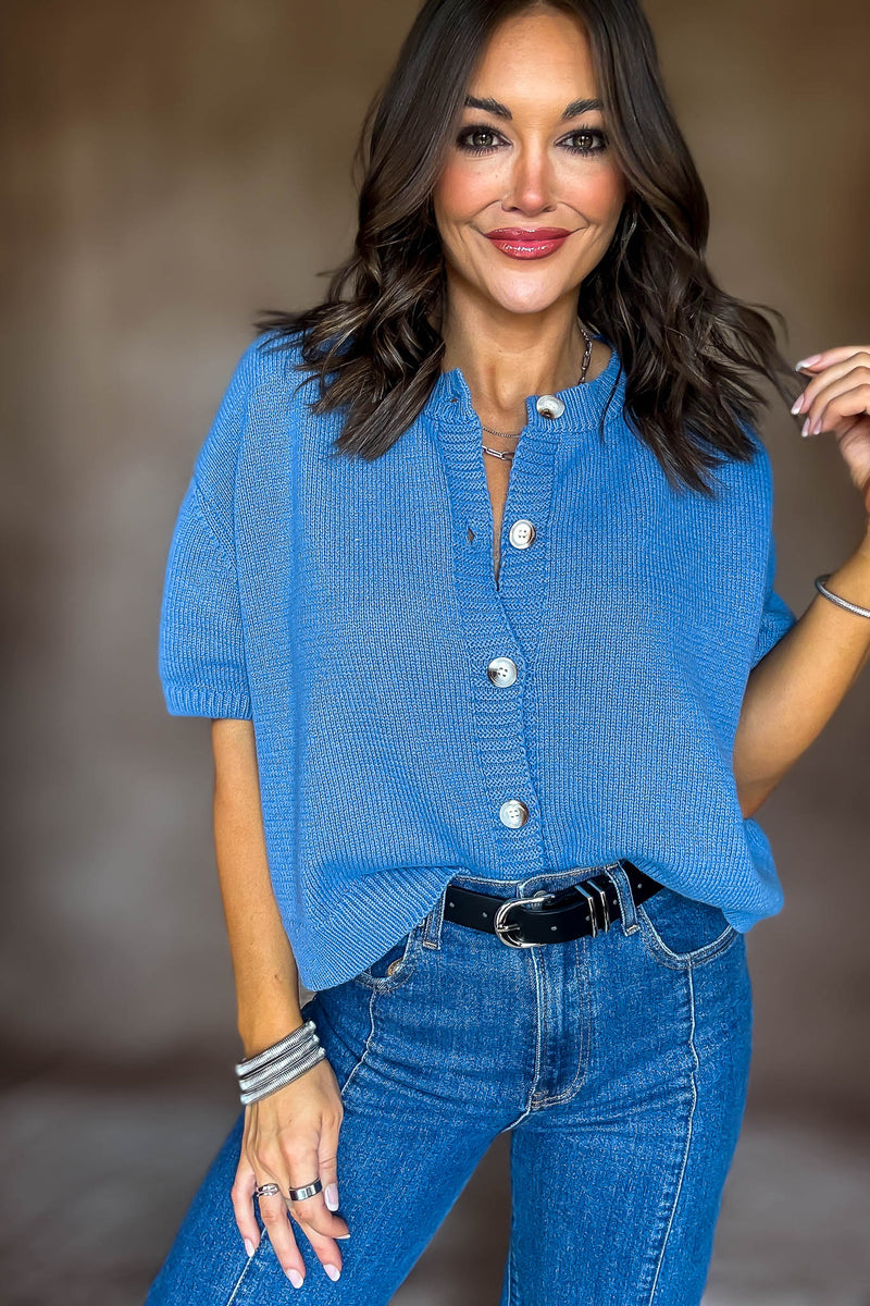 Short Sleeve Dusty Blue Sweater Cardigan