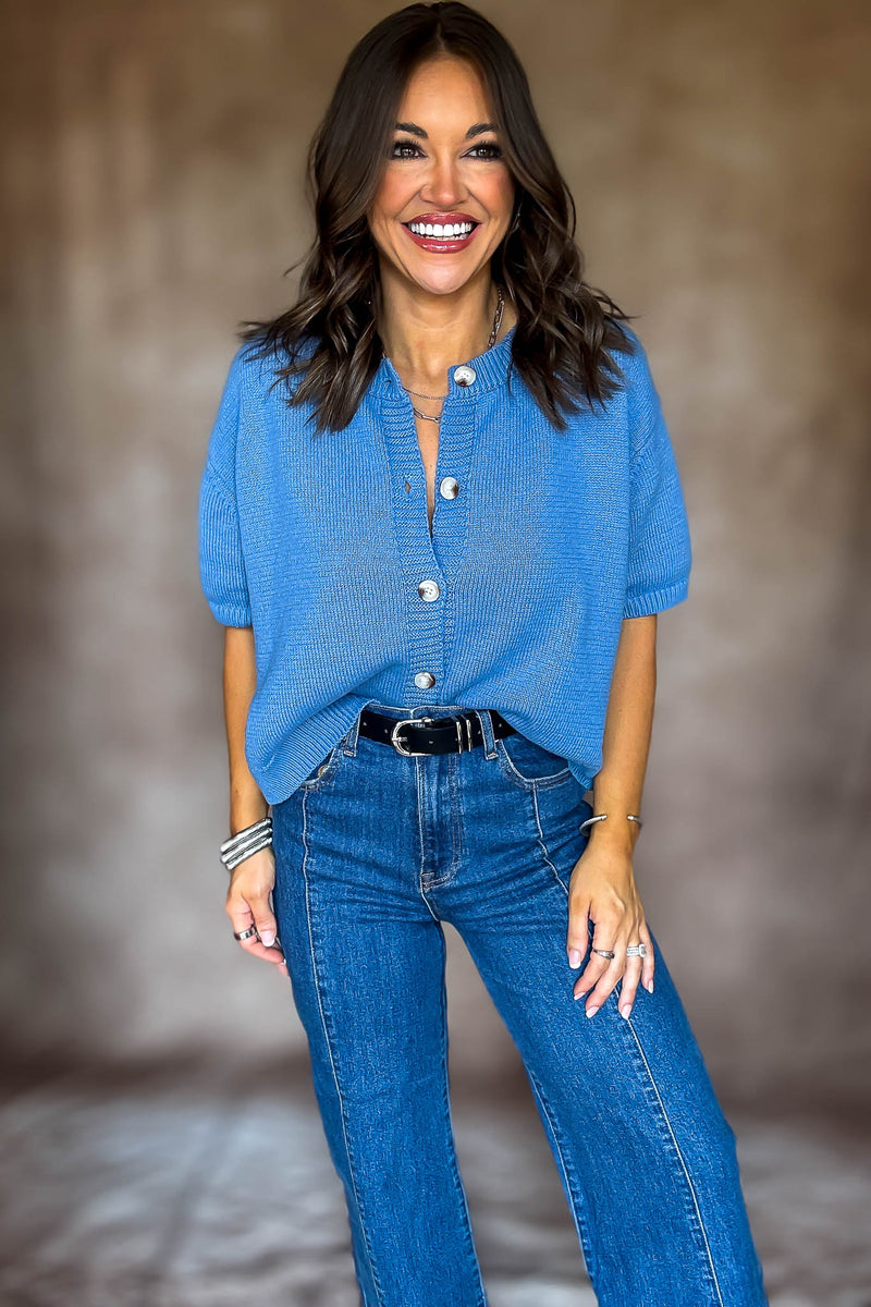 Short Sleeve Dusty Blue Sweater Cardigan