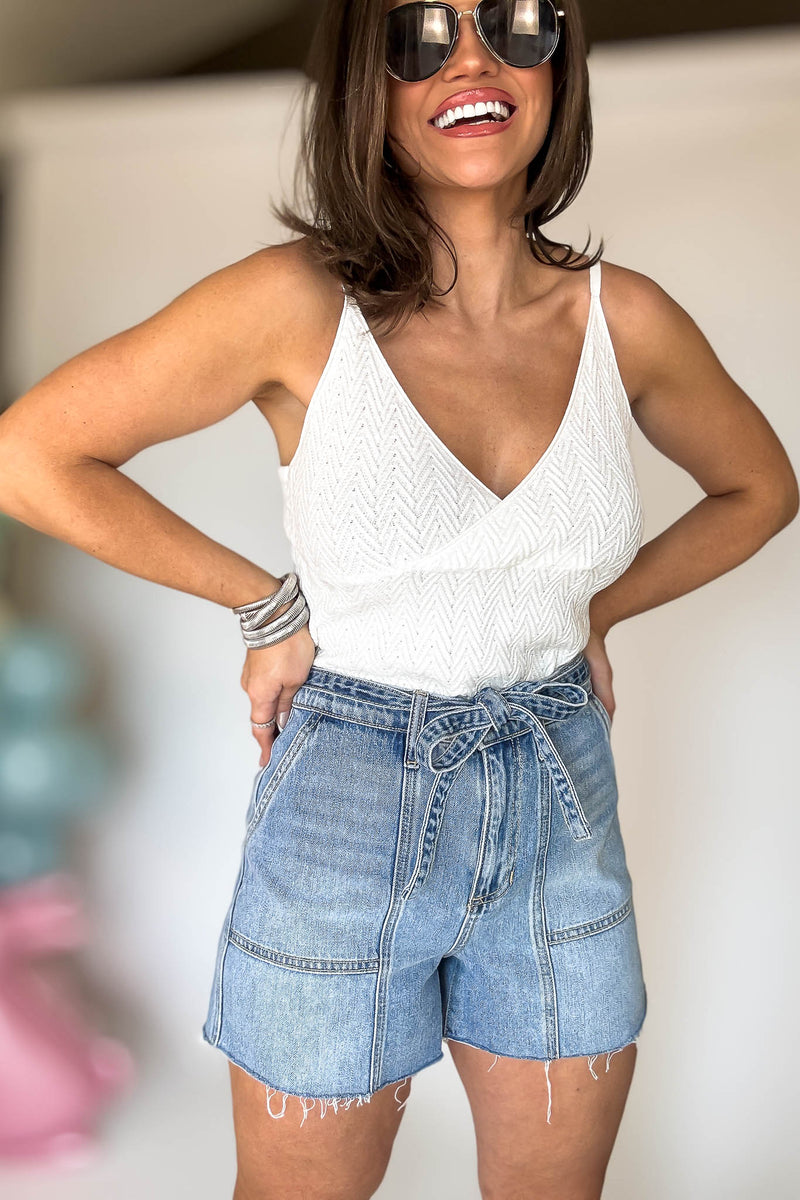 HIGH RISE TIE WAIST SHORTS WITH RAW CUT HEM
