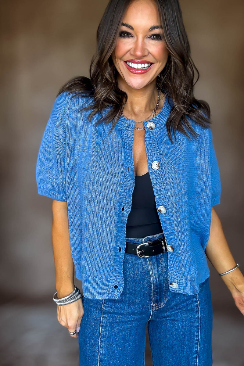 Short Sleeve Dusty Blue Sweater Cardigan