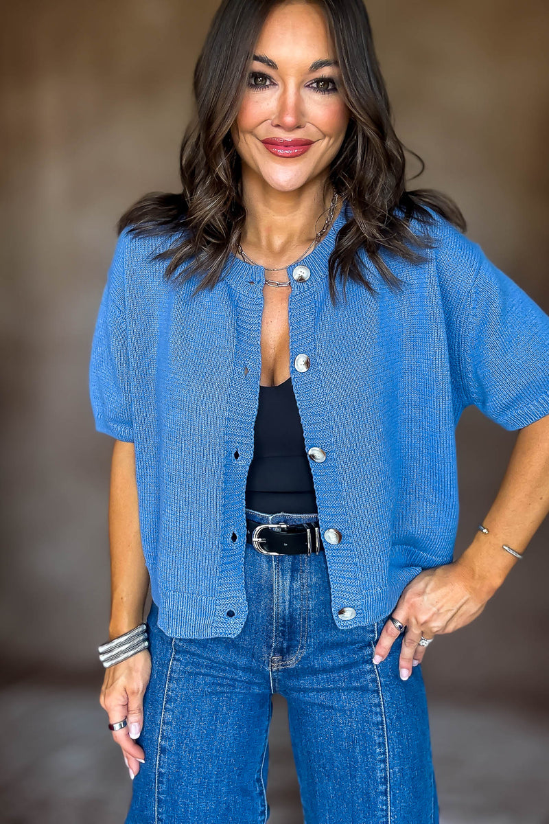 Short Sleeve Dusty Blue Sweater Cardigan