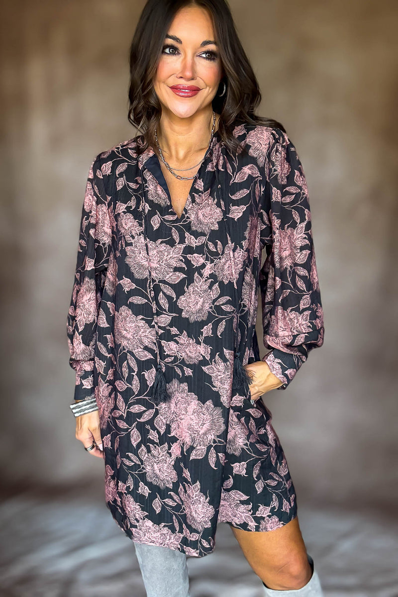 Front Tassel Tie Floral Peasant Dress