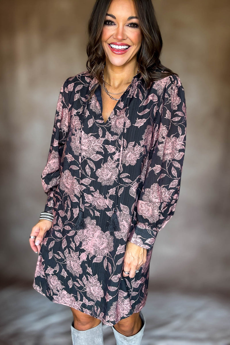 Front Tassel Tie Floral Peasant Dress