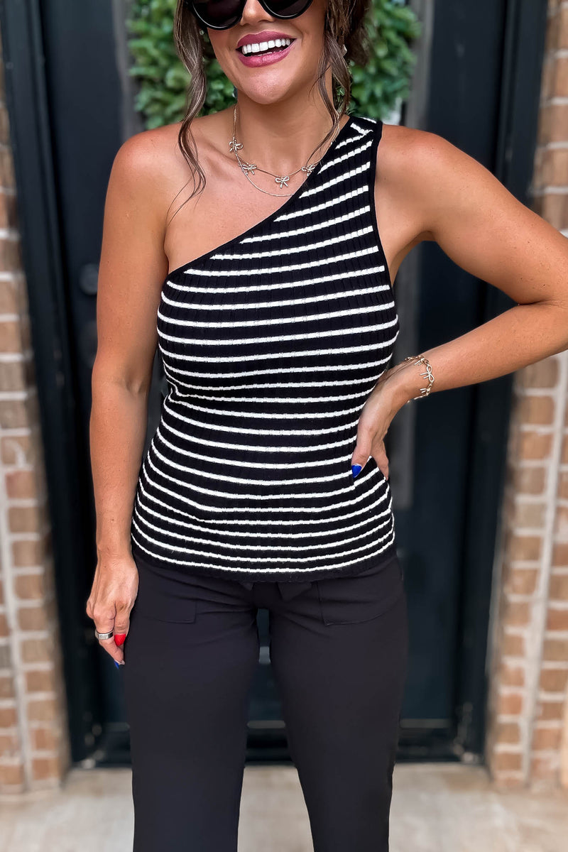One Shoulder Striped Ribbed Knit Top