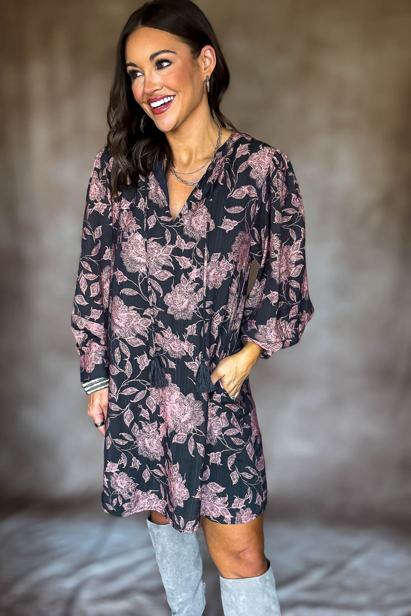 Front Tassel Tie Floral Peasant Dress