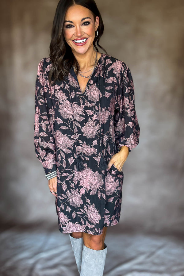 Front Tassel Tie Floral Peasant Dress
