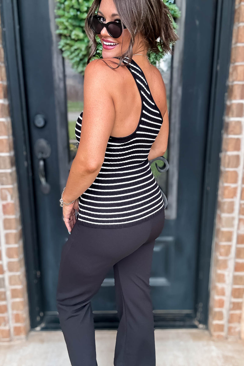 One Shoulder Striped Ribbed Knit Top