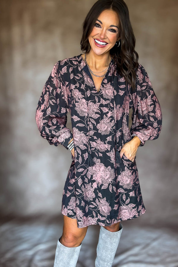 Front Tassel Tie Floral Peasant Dress