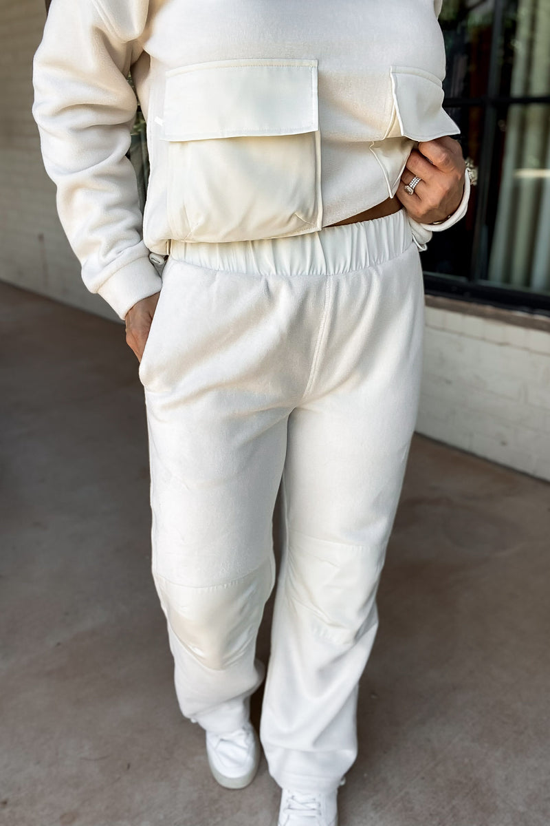 Ivory Fleece Wide Leg Pants with Bungee Hem