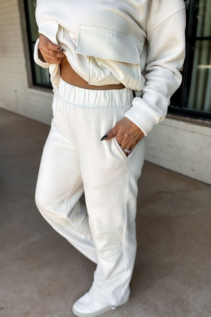 Ivory Fleece Wide Leg Pants with Bungee Hem