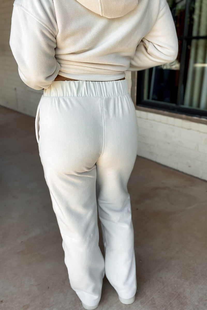 Ivory Fleece Wide Leg Pants with Bungee Hem