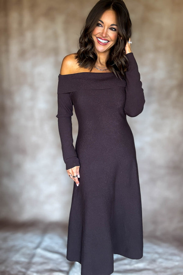 Brown Off Shoulder Fit & Flare Swater Midi Dress