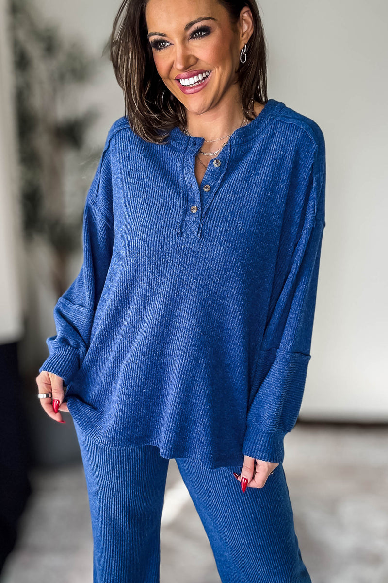 Ribbed Light Navy Brushed Hacci Melange Henley Sweater Top