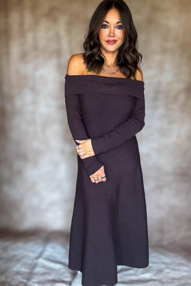 Brown Off Shoulder Fit & Flare Swater Midi Dress