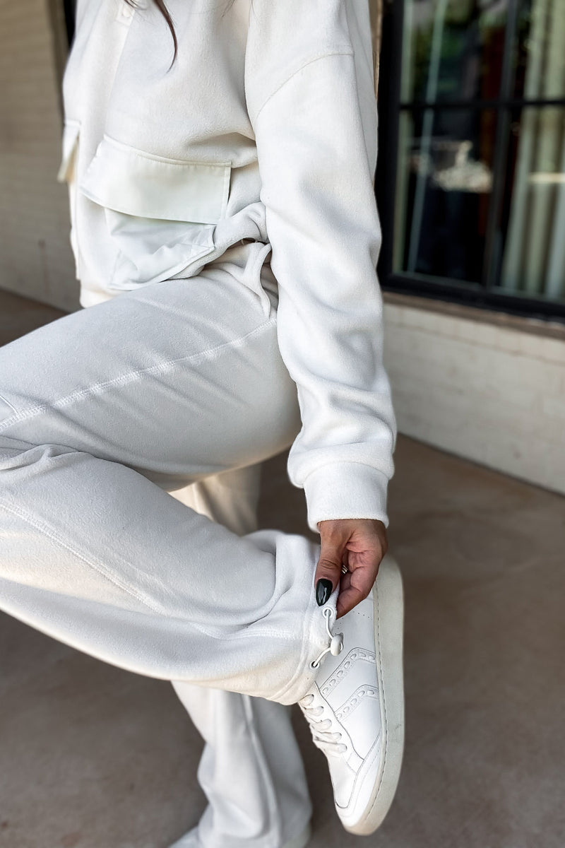Ivory Fleece Wide Leg Pants with Bungee Hem