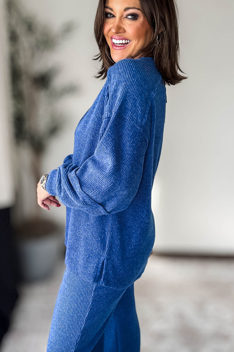 Ribbed Light Navy Brushed Hacci Melange Henley Sweater Top
