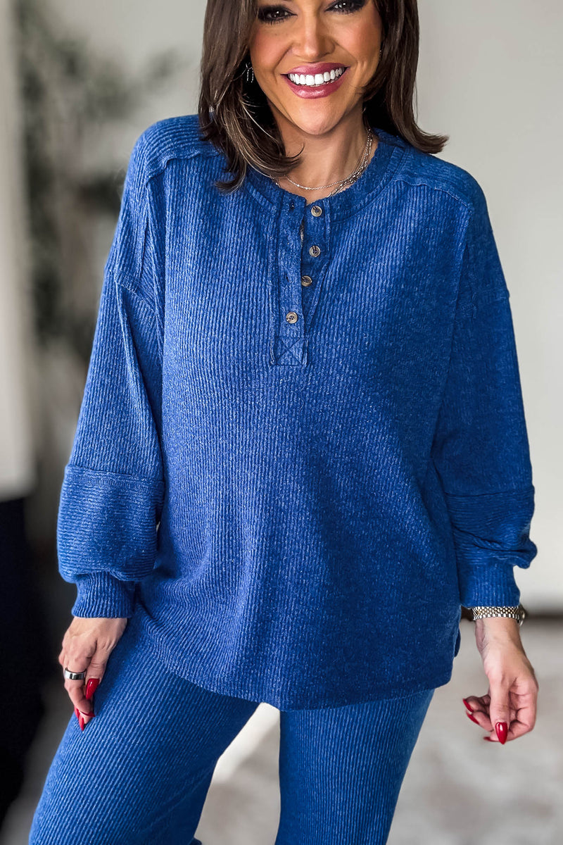 Ribbed Light Navy Brushed Hacci Melange Henley Sweater Top