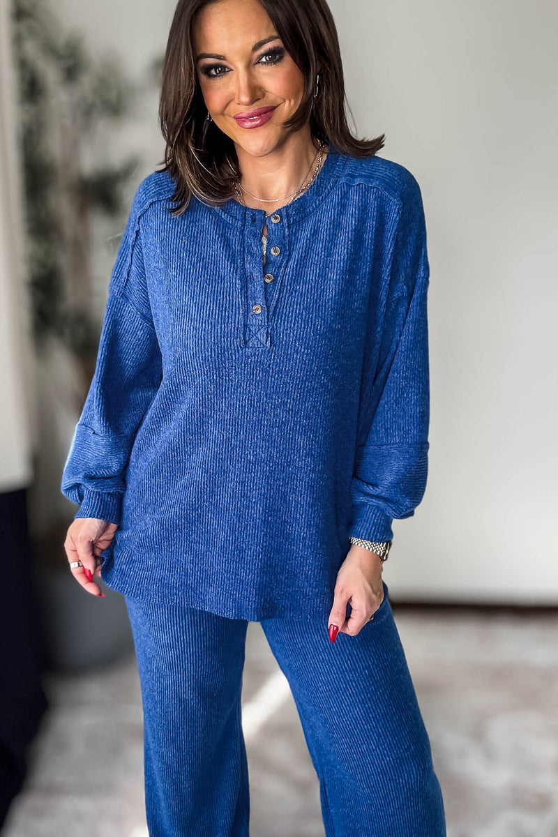 Ribbed Light Navy Brushed Hacci Melange Henley Sweater Top