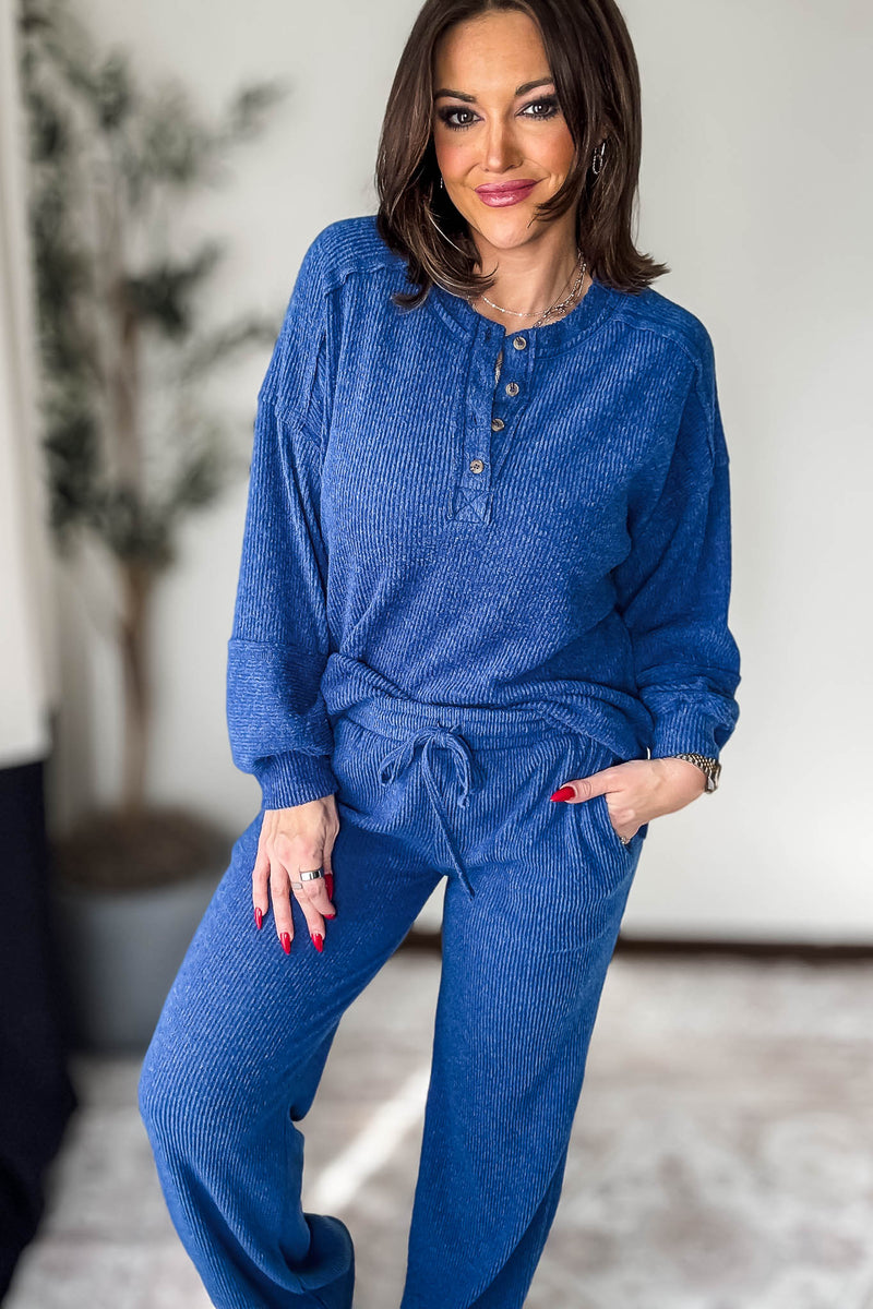 Ribbed Light Navy Brushed Hacci Melange Henley Sweater Top
