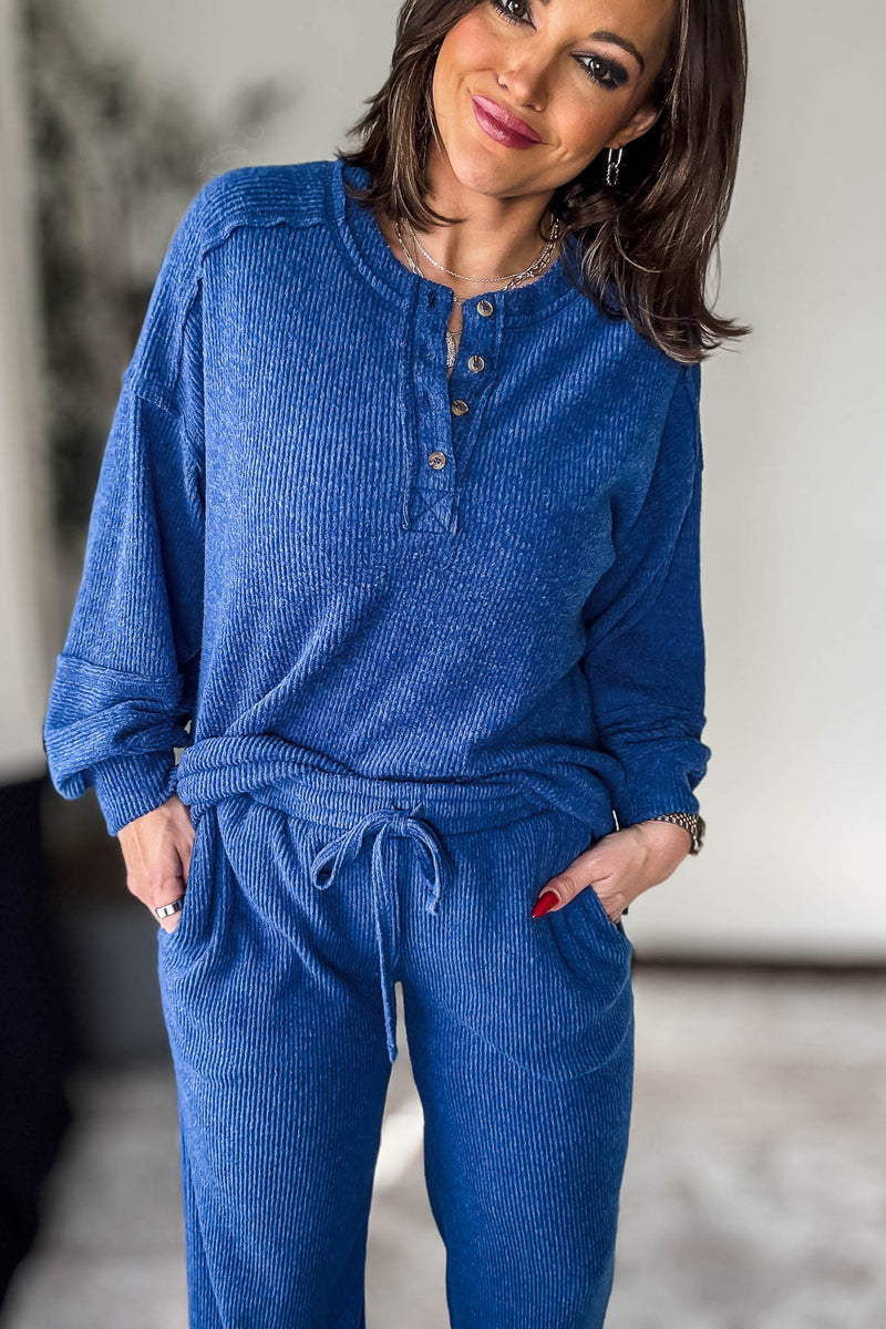 Ribbed Light Navy Brushed Hacci Melange Henley Sweater Top