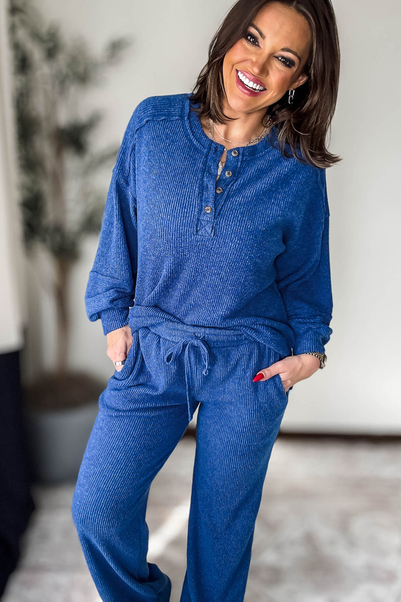 Ribbed Light Navy Brushed Hacci Melange Henley Sweater Top