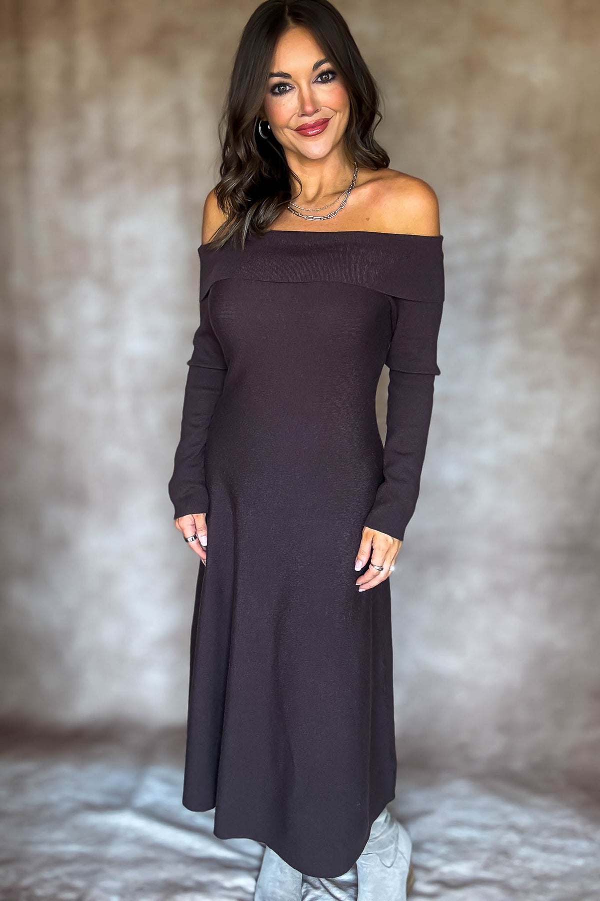 off the shoulder fit and flare midi dress Brown Off Shoulder Fit & Flare Swater Midi Dress – Stella Rae's