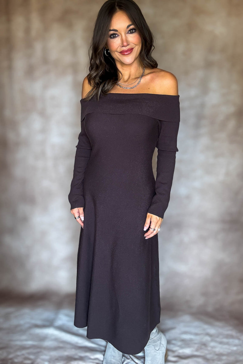 Brown Off Shoulder Fit & Flare Swater Midi Dress