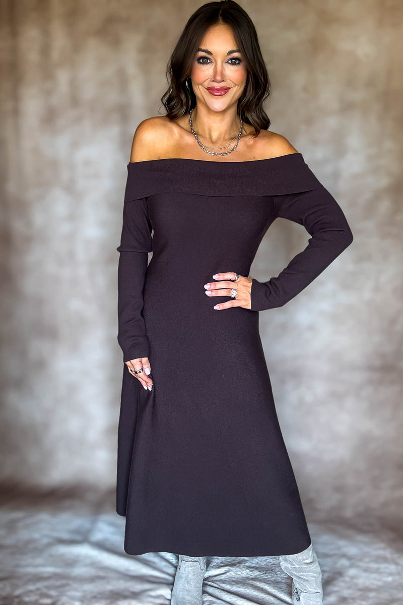 Brown Off Shoulder Fit & Flare Swater Midi Dress