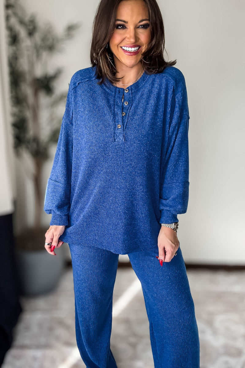 Ribbed Light Navy Brushed Hacci Melange Henley Sweater Top
