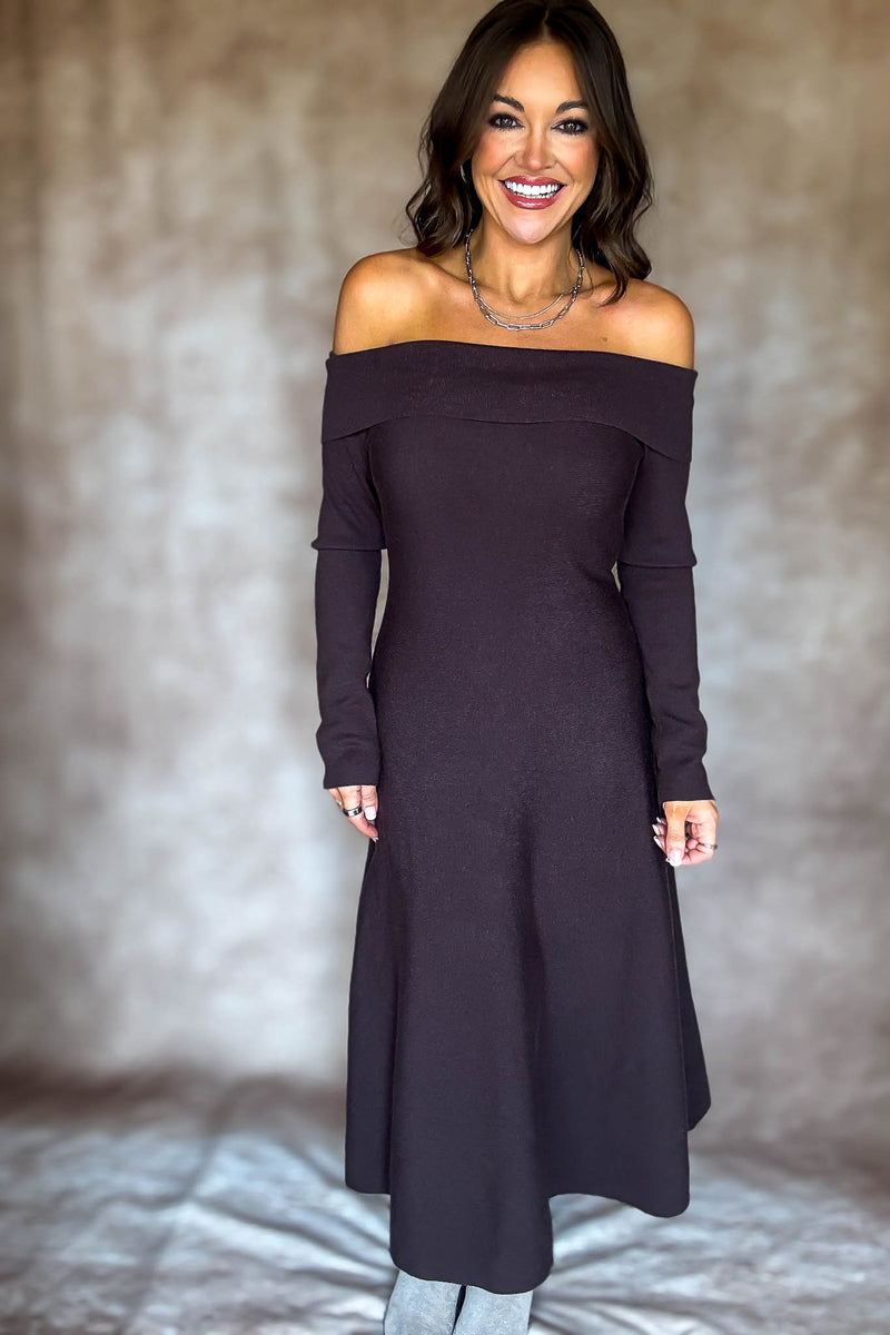 Brown Off Shoulder Fit & Flare Swater Midi Dress