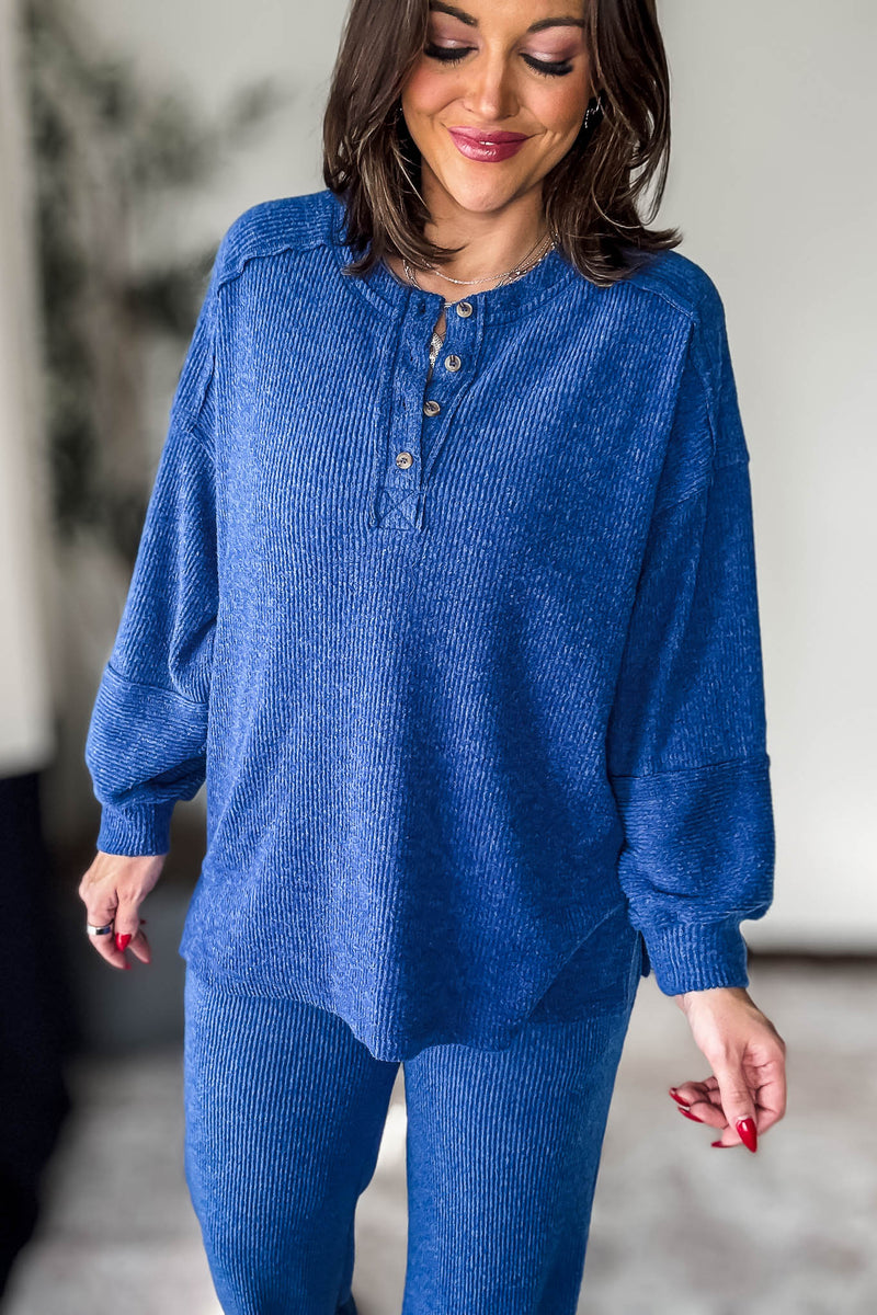 Ribbed Light Navy Brushed Hacci Melange Henley Sweater Top