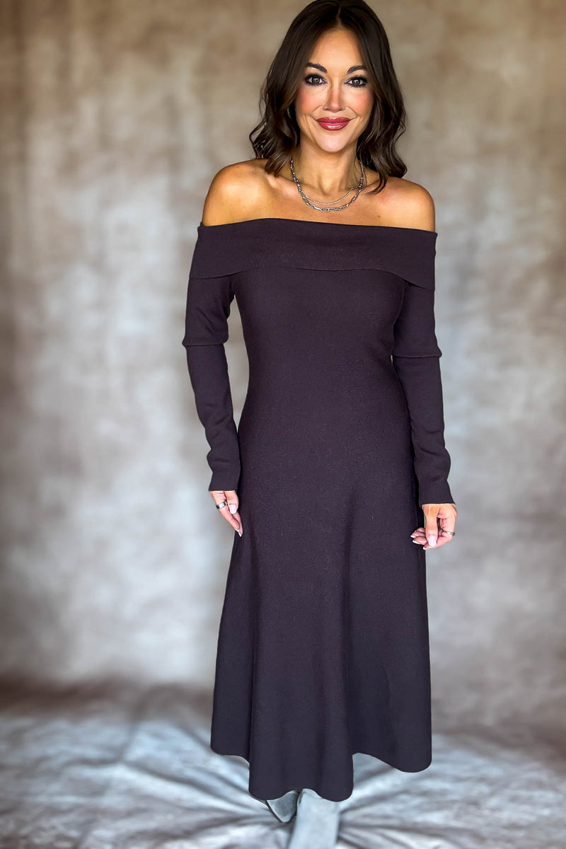 Brown Off Shoulder Fit & Flare Swater Midi Dress