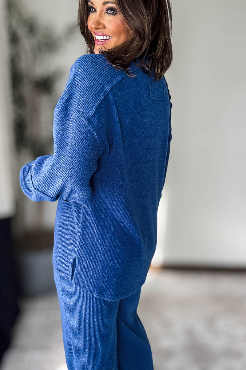 Ribbed Light Navy Brushed Hacci Melange Henley Sweater Top