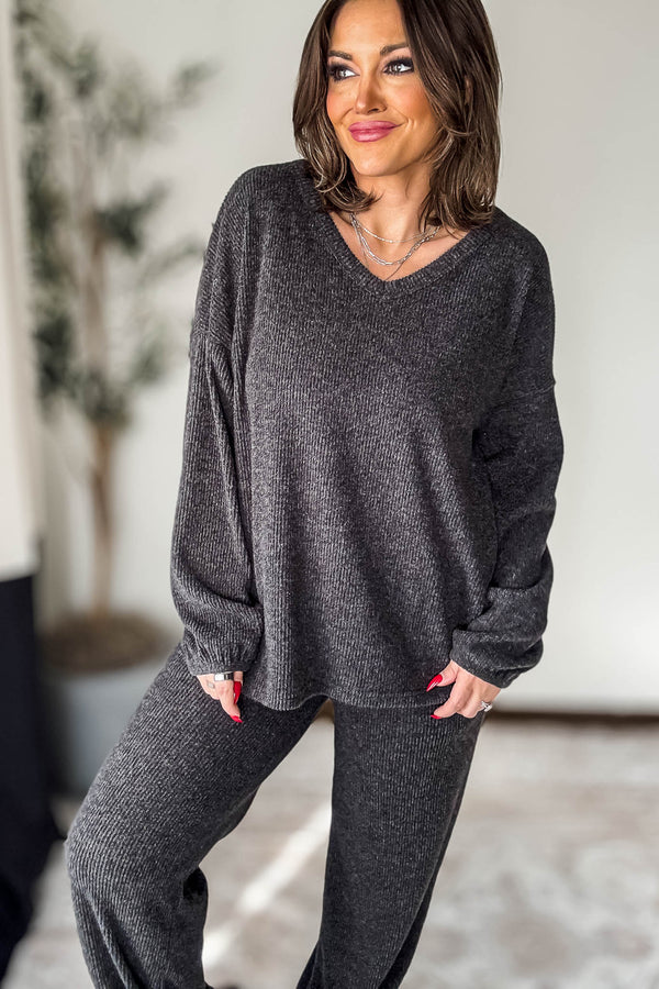 Brushed Hacci Black Long Sleeve Top