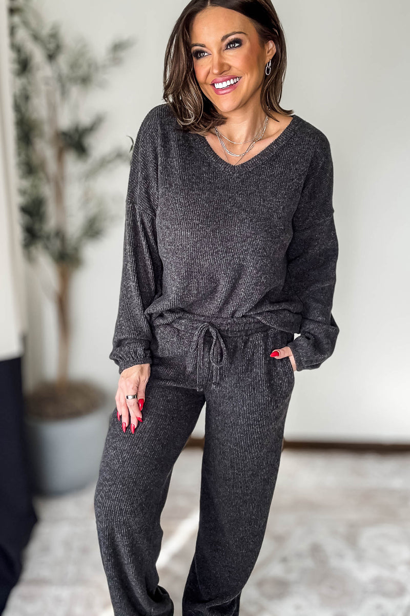 Brushed Hacci Black Long Sleeve Top
