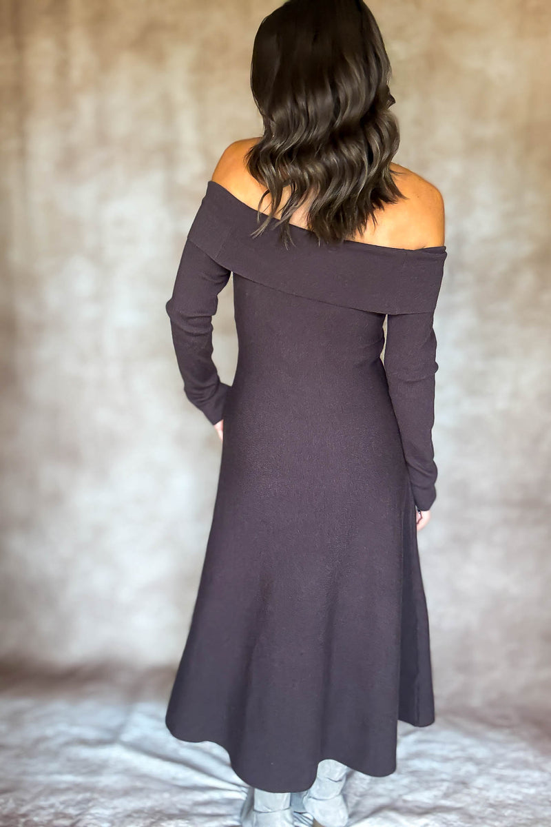 Brown Off Shoulder Fit & Flare Swater Midi Dress