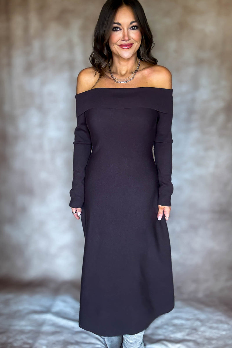 Brown Off Shoulder Fit & Flare Swater Midi Dress
