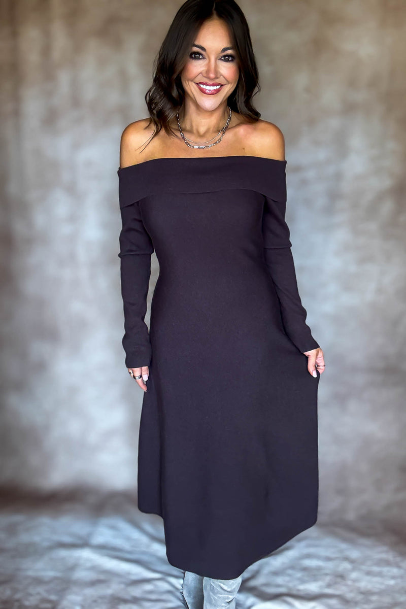 Brown Off Shoulder Fit & Flare Swater Midi Dress