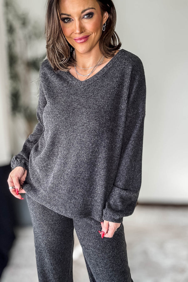 Brushed Hacci Black Long Sleeve Top