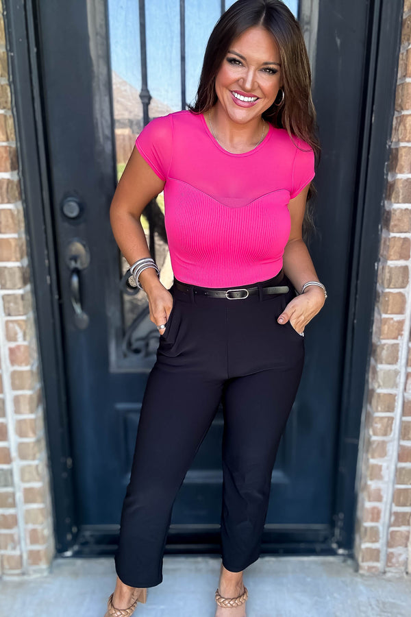 Harmony In Chaos Fuchsia Open Knit Crop Top