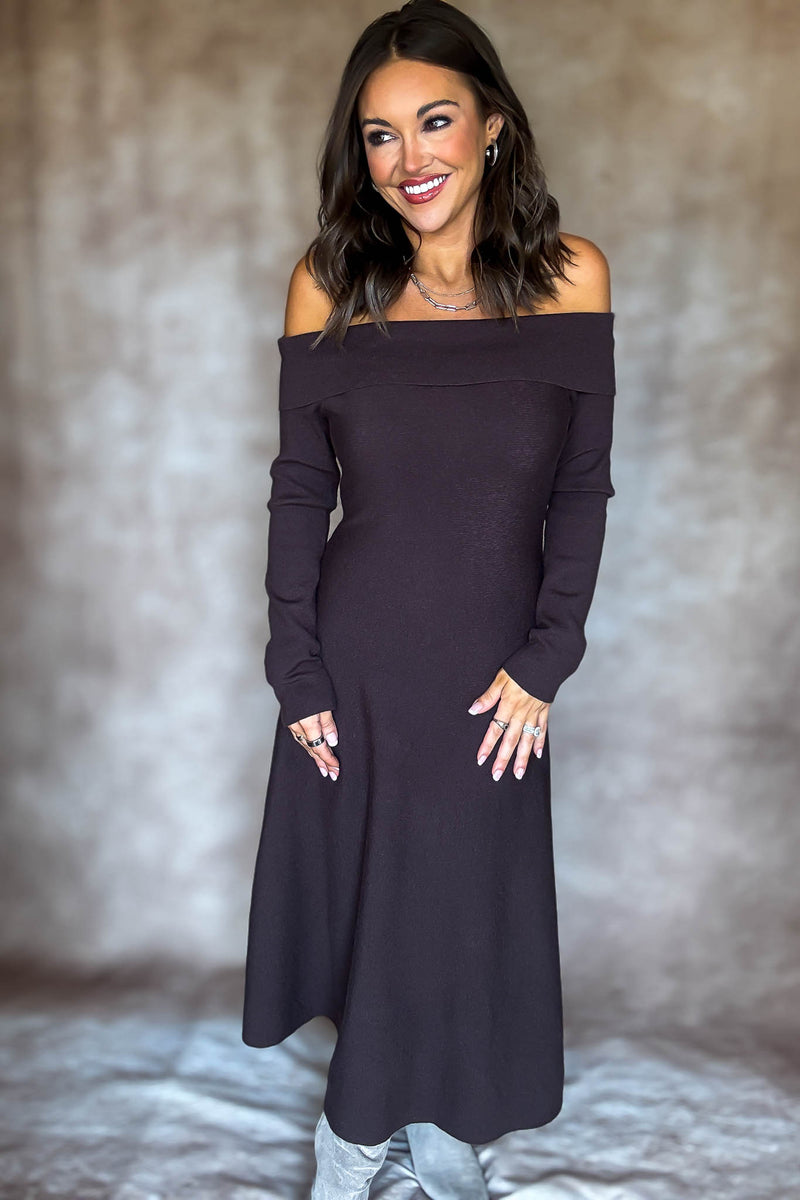 Brown Off Shoulder Fit & Flare Swater Midi Dress