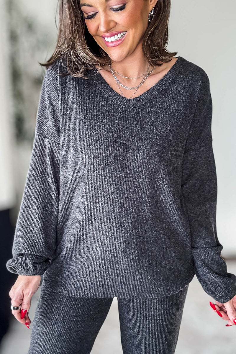 Brushed Hacci Black Long Sleeve Top