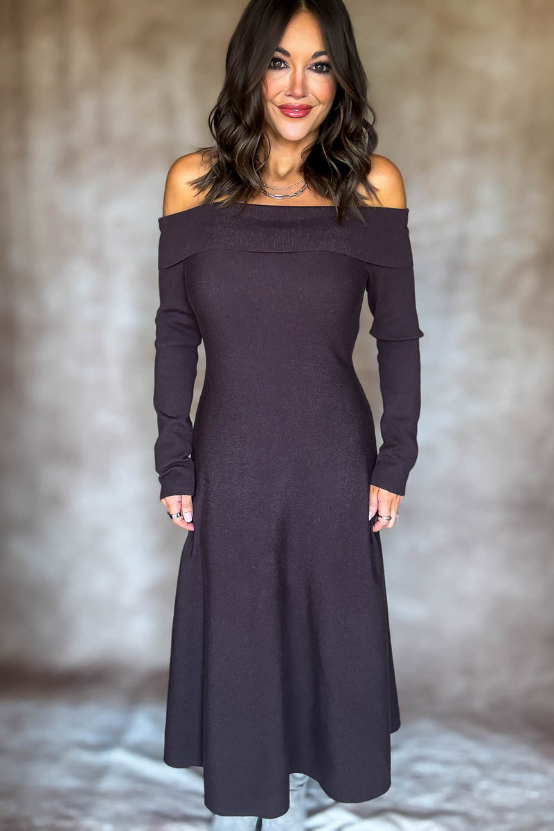 Brown Off Shoulder Fit & Flare Swater Midi Dress