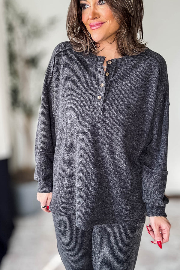 Ribbed Black Brushed Hacci Melange Henley Sweate Top