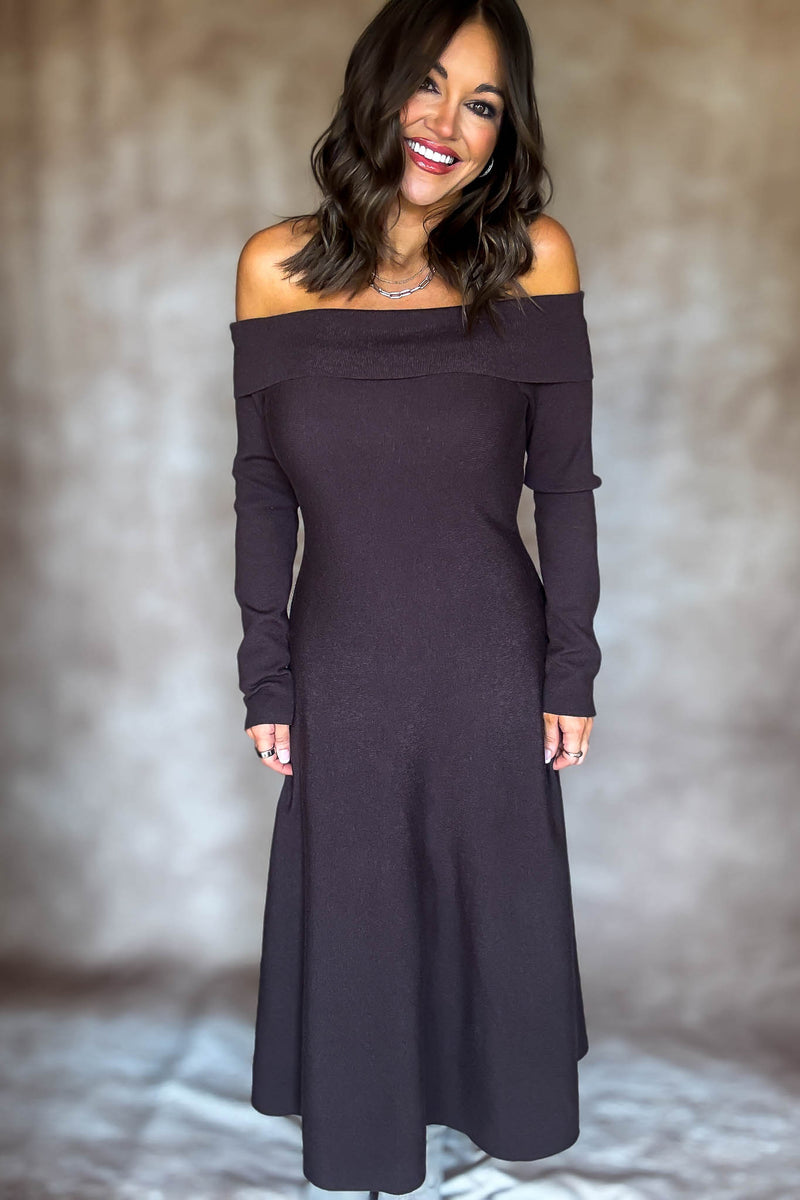 Brown Off Shoulder Fit & Flare Swater Midi Dress
