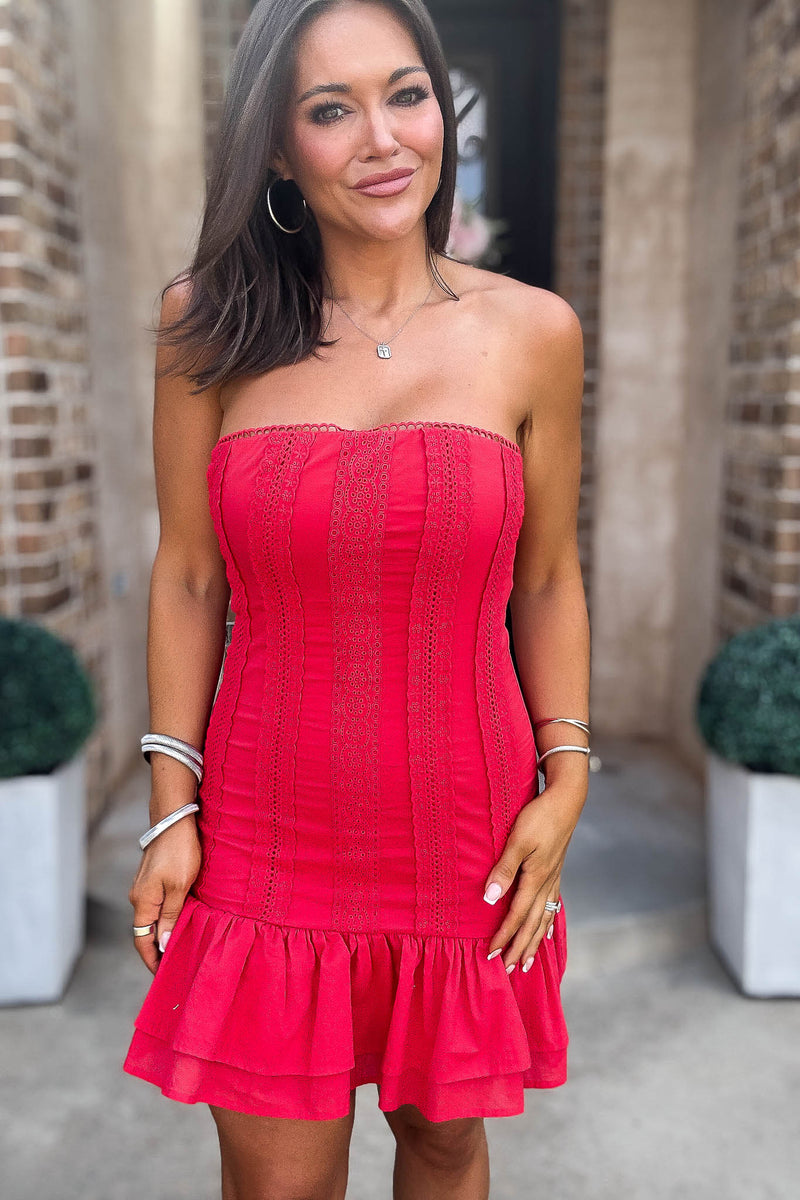 Mable Gorgeous Strapless Lace Trim Tube Dress With Ruffle Hem